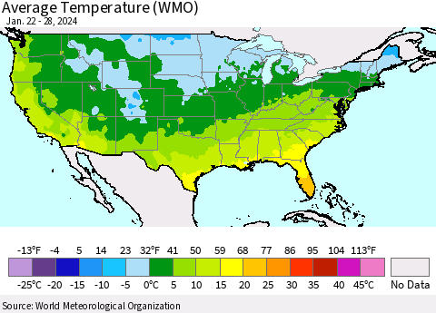 United States Average Temperature (WMO) Thematic Map For 1/22/2024 - 1/28/2024