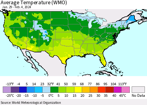 United States Average Temperature (WMO) Thematic Map For 1/29/2024 - 2/4/2024