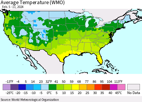 United States Average Temperature (WMO) Thematic Map For 2/5/2024 - 2/11/2024
