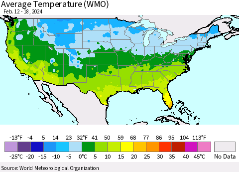 United States Average Temperature (WMO) Thematic Map For 2/12/2024 - 2/18/2024