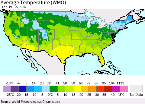 United States Average Temperature (WMO) Thematic Map For 2/19/2024 - 2/25/2024