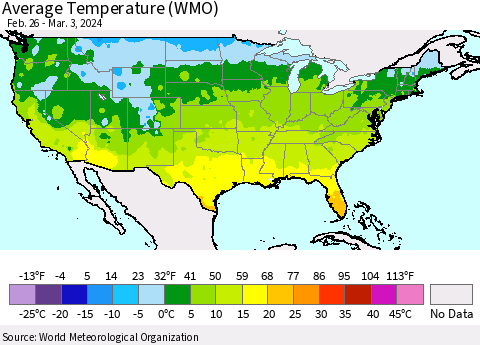 United States Average Temperature (WMO) Thematic Map For 2/26/2024 - 3/3/2024