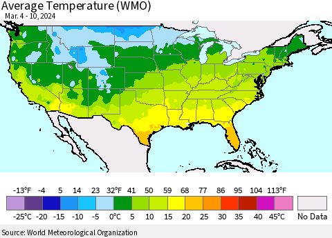 United States Average Temperature (WMO) Thematic Map For 3/4/2024 - 3/10/2024