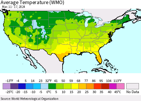 United States Average Temperature (WMO) Thematic Map For 3/11/2024 - 3/17/2024