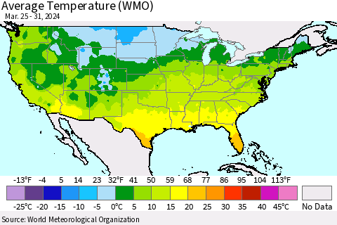 United States Average Temperature (WMO) Thematic Map For 3/25/2024 - 3/31/2024