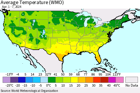 United States Average Temperature (WMO) Thematic Map For 4/1/2024 - 4/7/2024