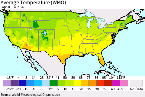 United States Average Temperature (WMO) Thematic Map For 4/8/2024 - 4/14/2024
