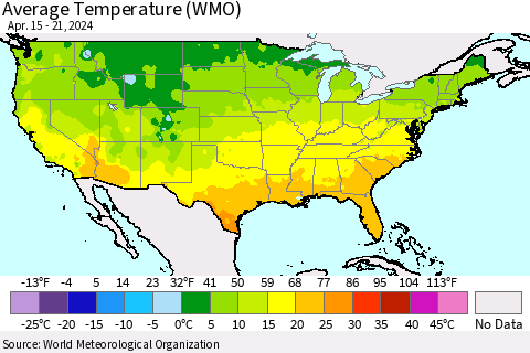 United States Average Temperature (WMO) Thematic Map For 4/15/2024 - 4/21/2024
