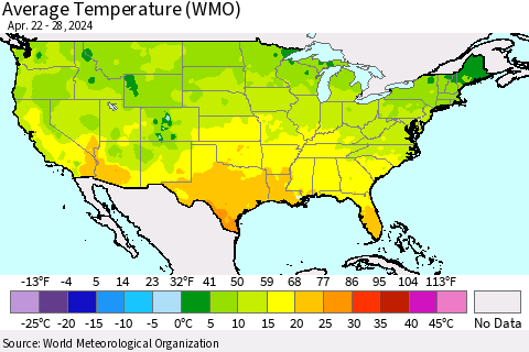 United States Average Temperature (WMO) Thematic Map For 4/22/2024 - 4/28/2024