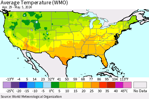 United States Average Temperature (WMO) Thematic Map For 4/29/2024 - 5/5/2024