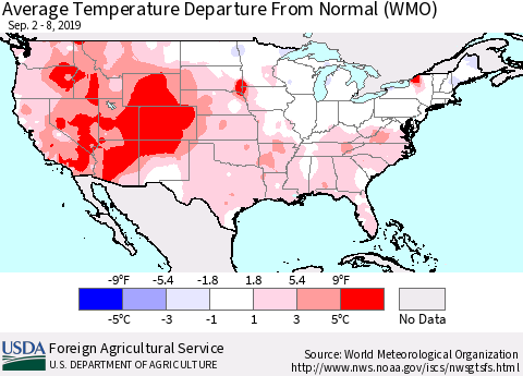 United States Average Temperature Departure From Normal (WMO) Thematic Map For 9/2/2019 - 9/8/2019