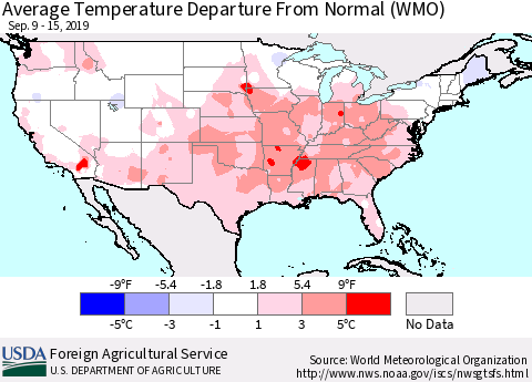 United States Average Temperature Departure From Normal (WMO) Thematic Map For 9/9/2019 - 9/15/2019