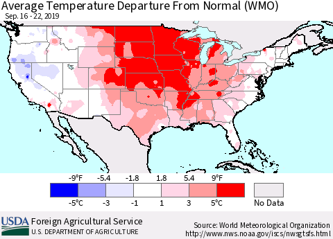 United States Average Temperature Departure from Normal (WMO) Thematic Map For 9/16/2019 - 9/22/2019