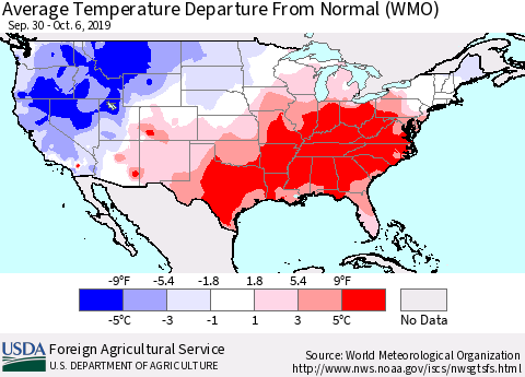 United States Average Temperature Departure From Normal (WMO) Thematic Map For 9/30/2019 - 10/6/2019