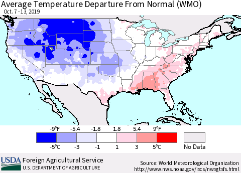 United States Average Temperature Departure from Normal (WMO) Thematic Map For 10/7/2019 - 10/13/2019