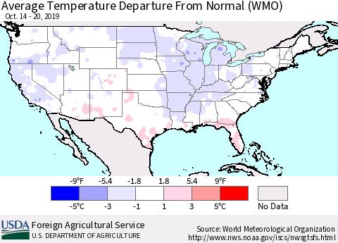 United States Average Temperature Departure from Normal (WMO) Thematic Map For 10/14/2019 - 10/20/2019