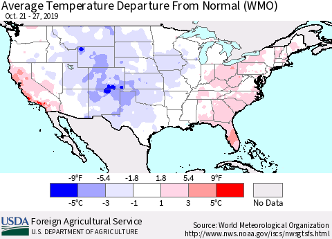 United States Average Temperature Departure From Normal (WMO) Thematic Map For 10/21/2019 - 10/27/2019