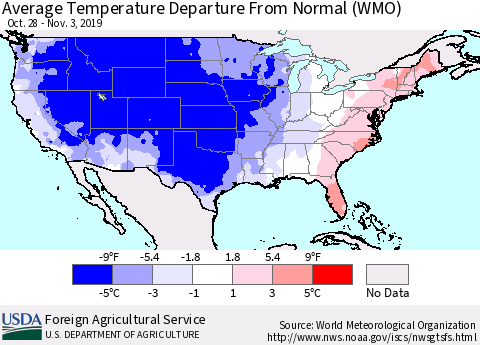 United States Average Temperature Departure From Normal (WMO) Thematic Map For 10/28/2019 - 11/3/2019