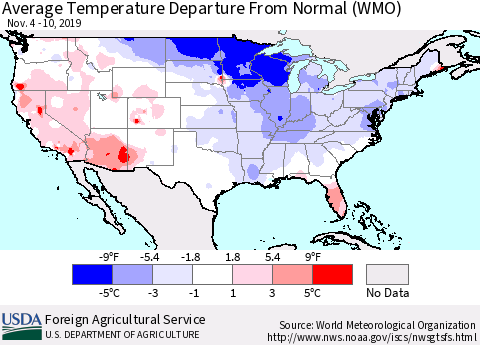 United States Average Temperature Departure From Normal (WMO) Thematic Map For 11/4/2019 - 11/10/2019