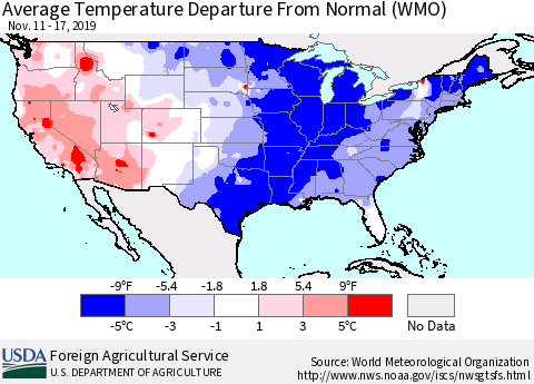 United States Average Temperature Departure From Normal (WMO) Thematic Map For 11/11/2019 - 11/17/2019