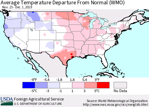 United States Average Temperature Departure From Normal (WMO) Thematic Map For 11/25/2019 - 12/1/2019