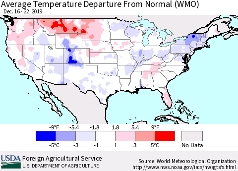 United States Average Temperature Departure From Normal (WMO) Thematic Map For 12/16/2019 - 12/22/2019