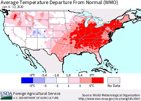 United States Average Temperature Departure from Normal (WMO) Thematic Map For 1/6/2020 - 1/12/2020