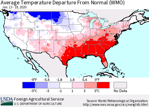 United States Average Temperature Departure from Normal (WMO) Thematic Map For 1/13/2020 - 1/19/2020
