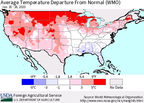 United States Average Temperature Departure from Normal (WMO) Thematic Map For 1/20/2020 - 1/26/2020