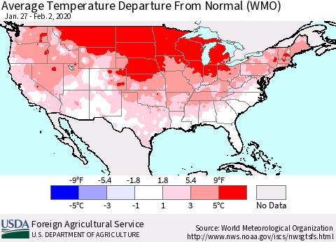 United States Average Temperature Departure From Normal (WMO) Thematic Map For 1/27/2020 - 2/2/2020