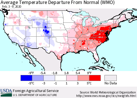 United States Average Temperature Departure from Normal (WMO) Thematic Map For 2/3/2020 - 2/9/2020
