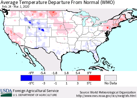 United States Average Temperature Departure from Normal (WMO) Thematic Map For 2/24/2020 - 3/1/2020