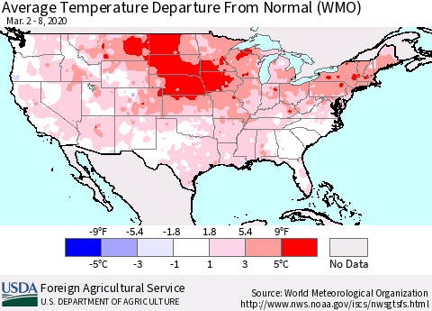 United States Average Temperature Departure From Normal (WMO) Thematic Map For 3/2/2020 - 3/8/2020