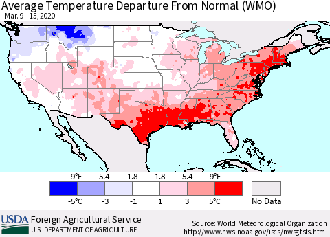 United States Average Temperature Departure From Normal (WMO) Thematic Map For 3/9/2020 - 3/15/2020