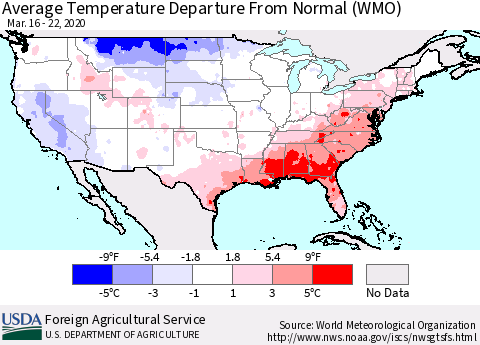 United States Average Temperature Departure from Normal (WMO) Thematic Map For 3/16/2020 - 3/22/2020