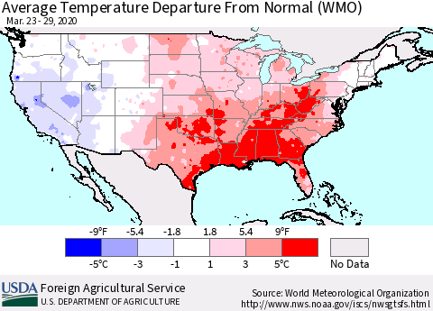 United States Average Temperature Departure From Normal (WMO) Thematic Map For 3/23/2020 - 3/29/2020