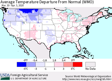 United States Average Temperature Departure From Normal (WMO) Thematic Map For 3/30/2020 - 4/5/2020