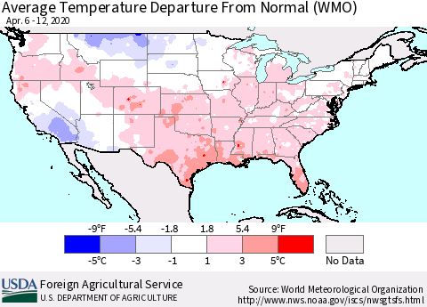 United States Average Temperature Departure from Normal (WMO) Thematic Map For 4/6/2020 - 4/12/2020