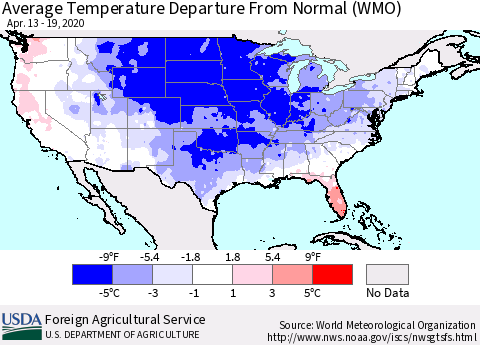 United States Average Temperature Departure From Normal (WMO) Thematic Map For 4/13/2020 - 4/19/2020