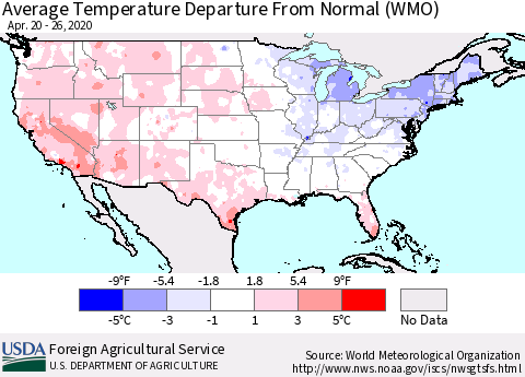 United States Average Temperature Departure From Normal (WMO) Thematic Map For 4/20/2020 - 4/26/2020