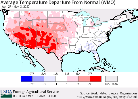 United States Average Temperature Departure From Normal (WMO) Thematic Map For 4/27/2020 - 5/3/2020