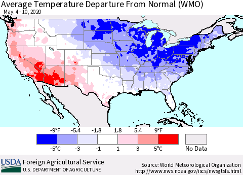 United States Average Temperature Departure from Normal (WMO) Thematic Map For 5/4/2020 - 5/10/2020