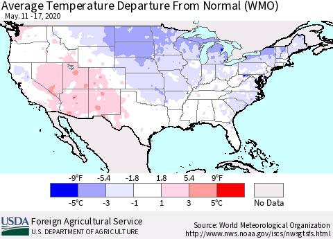 United States Average Temperature Departure From Normal (WMO) Thematic Map For 5/11/2020 - 5/17/2020
