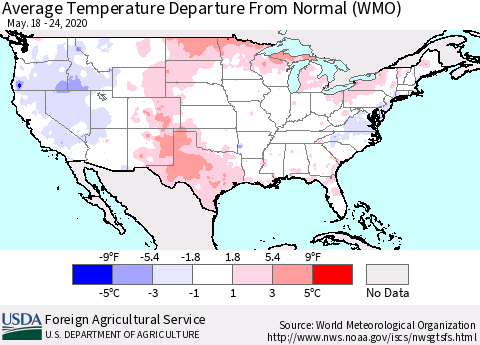 United States Average Temperature Departure from Normal (WMO) Thematic Map For 5/18/2020 - 5/24/2020