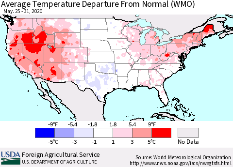 United States Average Temperature Departure from Normal (WMO) Thematic Map For 5/25/2020 - 5/31/2020