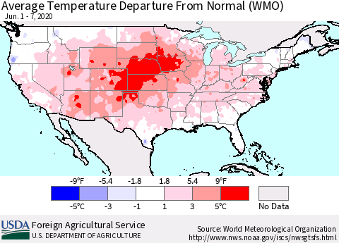 United States Average Temperature Departure from Normal (WMO) Thematic Map For 6/1/2020 - 6/7/2020