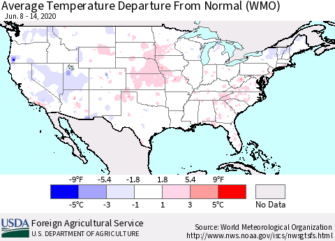 United States Average Temperature Departure from Normal (WMO) Thematic Map For 6/8/2020 - 6/14/2020