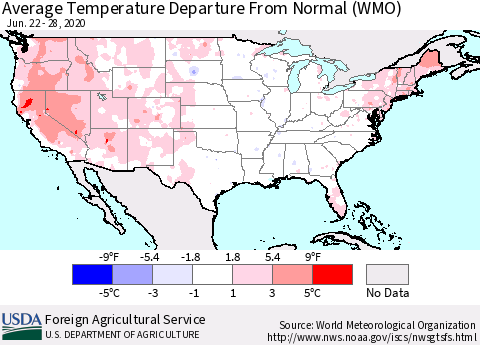 United States Average Temperature Departure From Normal (WMO) Thematic Map For 6/22/2020 - 6/28/2020