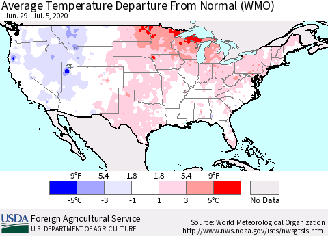 United States Average Temperature Departure from Normal (WMO) Thematic Map For 6/29/2020 - 7/5/2020