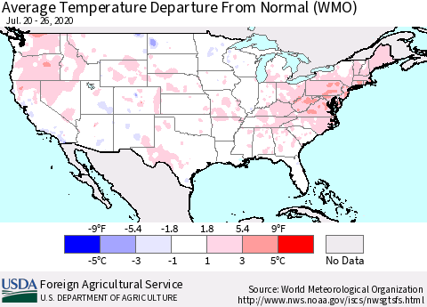 United States Average Temperature Departure From Normal (WMO) Thematic Map For 7/20/2020 - 7/26/2020